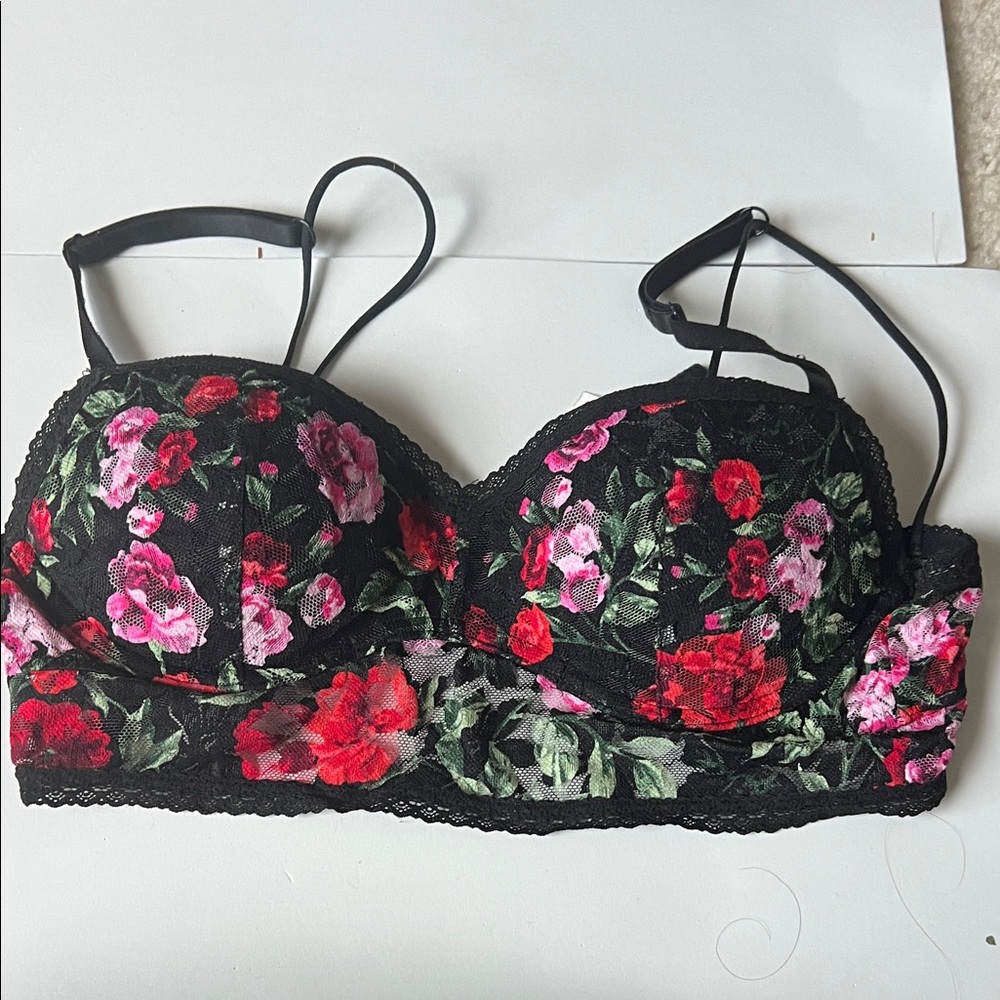 Victoria's Secret Black and Red Floral Lace Bralette